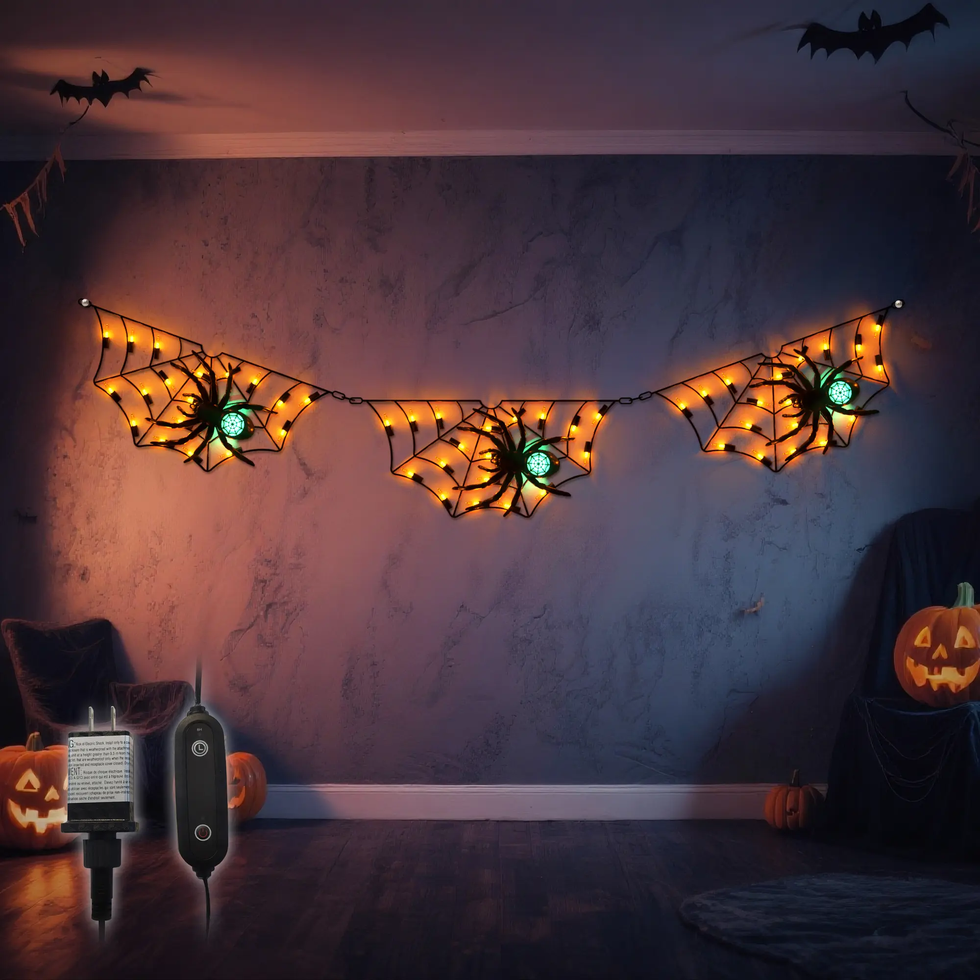 BeatiNeon Halloween Spooky Metal Spider Web Lights Set - 4.4ft/52.8in Connected Cobweb, Scary Look Spiders, 54 Orange & 3 Green LEDs, Timer Switch, Waterproof, Party Decor for Indoor Outdoor Patio Gift, Water Proof
