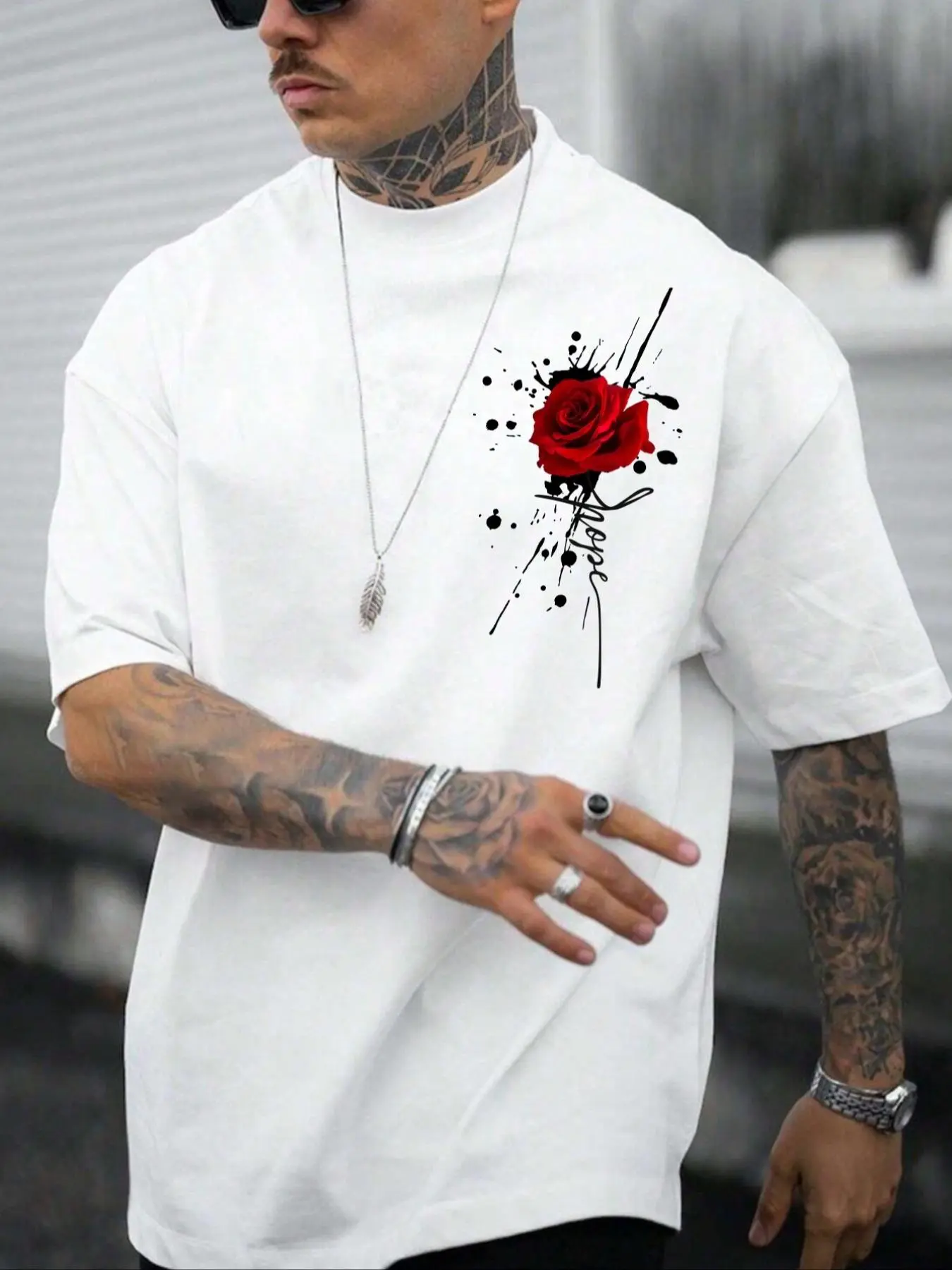 Men's Rose Print Floral Graphic Drop Shoulder Tee, Summer Clothes, Regular Fit Casual Street Half Sleeve Round Neck T-shirt For Summer, Men's Top For Daily Wear
