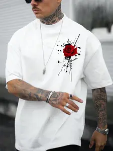 Men's Rose Print Floral Drop Shoulder Tee, Summer Clothes, Regular Fit Casual Street Aesthetic Half Sleeve Round Neck T-shirt For Summer, Men's Top For Daily Wear, Streetwear