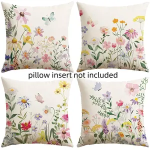 Spring Floral Pillow Covers Set, 18x18 Inch Butterfly Pattern, Farmhouse Style Decorative Pillows for Sofa Bedroom Home Decoration
