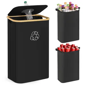 26 Gallon 100L Indoor Home Recycling Bin with Lid, 2 Removeable Reusable Inner Bags for Kitchen Bottles Cans Glass Plastic, Black