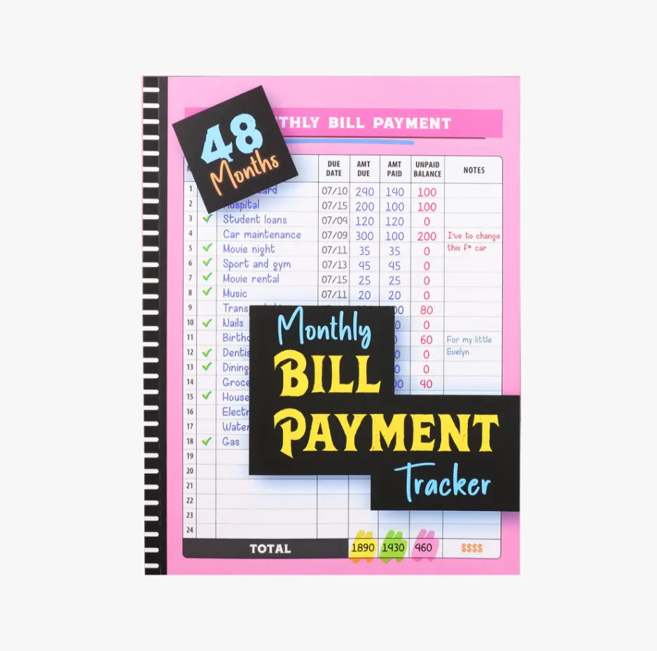 48-Month English Paper Planner Notebook - Soft Pink with Black Accents Soft Cover, Budget Planners, Monthly Finance Checklist Organizer, Expense Log for Business Financial Management