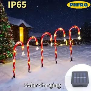 Solar Christmas Cane Candy Lights Set of 5 with Star Decorations, Outdoor Holiday Decoration for Garden Pathway Tree Yard Ip65 Waterproof