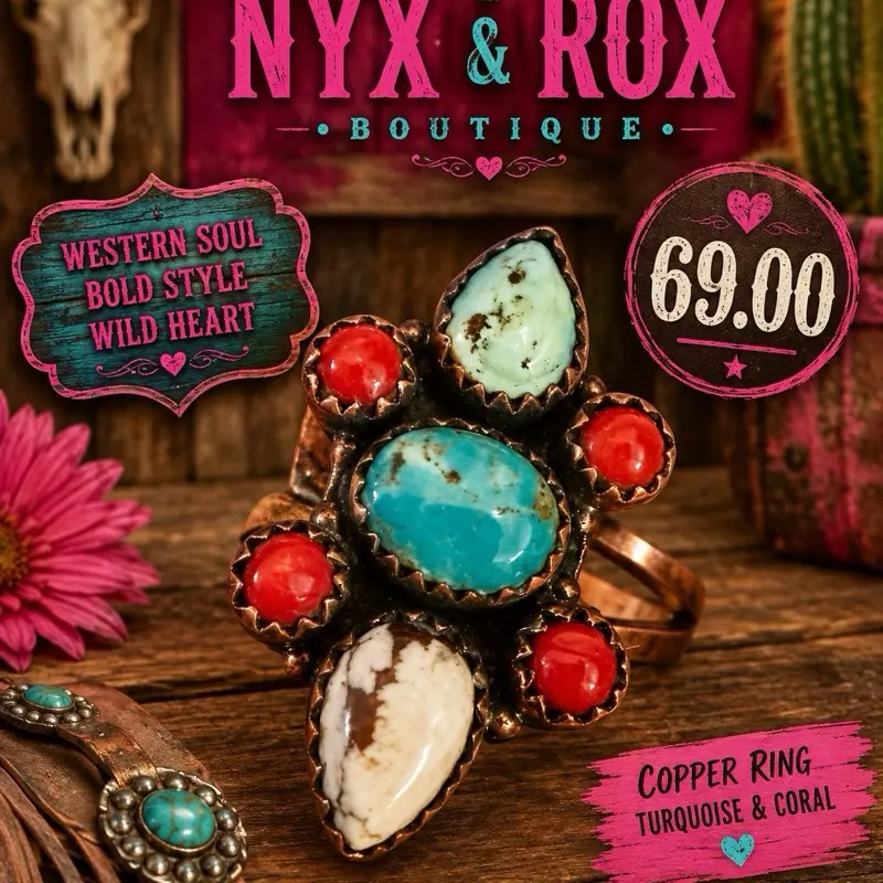 Female Turquoise Amber Statement Ring, Copper Metal Horse Motif Jewelry Accessory, Size Pending