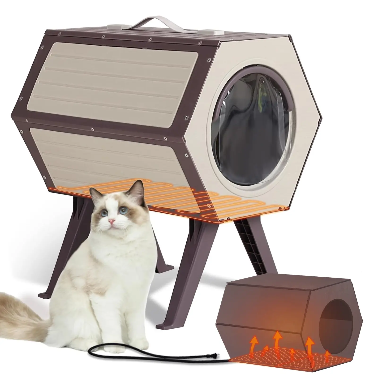 Aivituvin-AIR107 Heated Plastic Cat House - Indoor/Outdoor Use, Winter-Ready, Waterproof, Wood Grain Design, Top Handle Cat Condo, Thermoregulated Pad