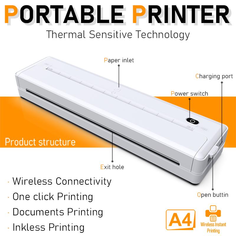 Portable A4 Thermal Printer Wireless Connectivity Rechargeable for A4 A5 A6 Size Paper & Label Paper Ideal for Work Travel Home