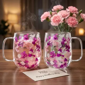 2-Pack Dried Flower Double Wall Glass Mugs, Premium Borosilicate Glass with Embedded Pink, Purple, and White Preserved Flowers (Never Fades). Features Smooth Rounded Rim & Thickened Stable Base—Ideal for Personal Use or Holiday Gift-Giving.