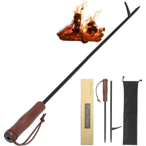 34in 2-in-1 Foldable Fire Poker & Blow Stick for Fire Pit with Wooden Ergonomic Handle Portable Fireplace Tool for Campfire Outdoor Indoor Wood Burning Stove & BBQ