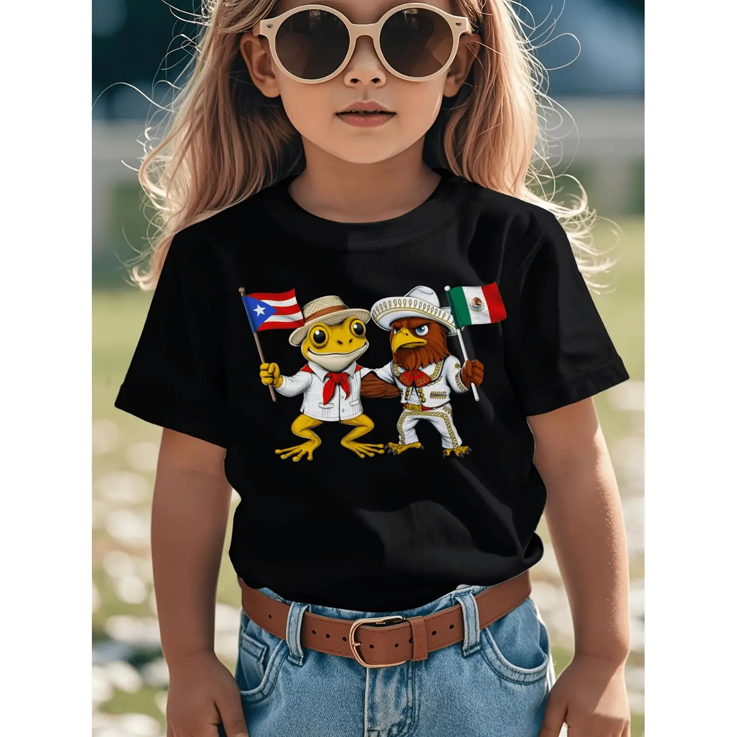 Puerto Rican Coqui Frog & Mexican Eagle Graphic T-Shirt - Boricua & Mexican Flag Design, Short Sleeve Round Neck Casual Tee with Cultural Pride Symbols, Comfortable Casual Attire for Boys & Girls, All-Season Apparel