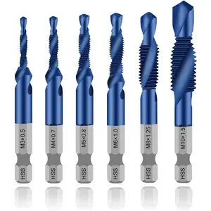 6 Packs Combination Drill & Taps Bit Set, Screw Tapping in 6 Sizes Metric Thread M3 M4 M5 M6 M8 M10 with Nano Blue Coating, Hex Shank