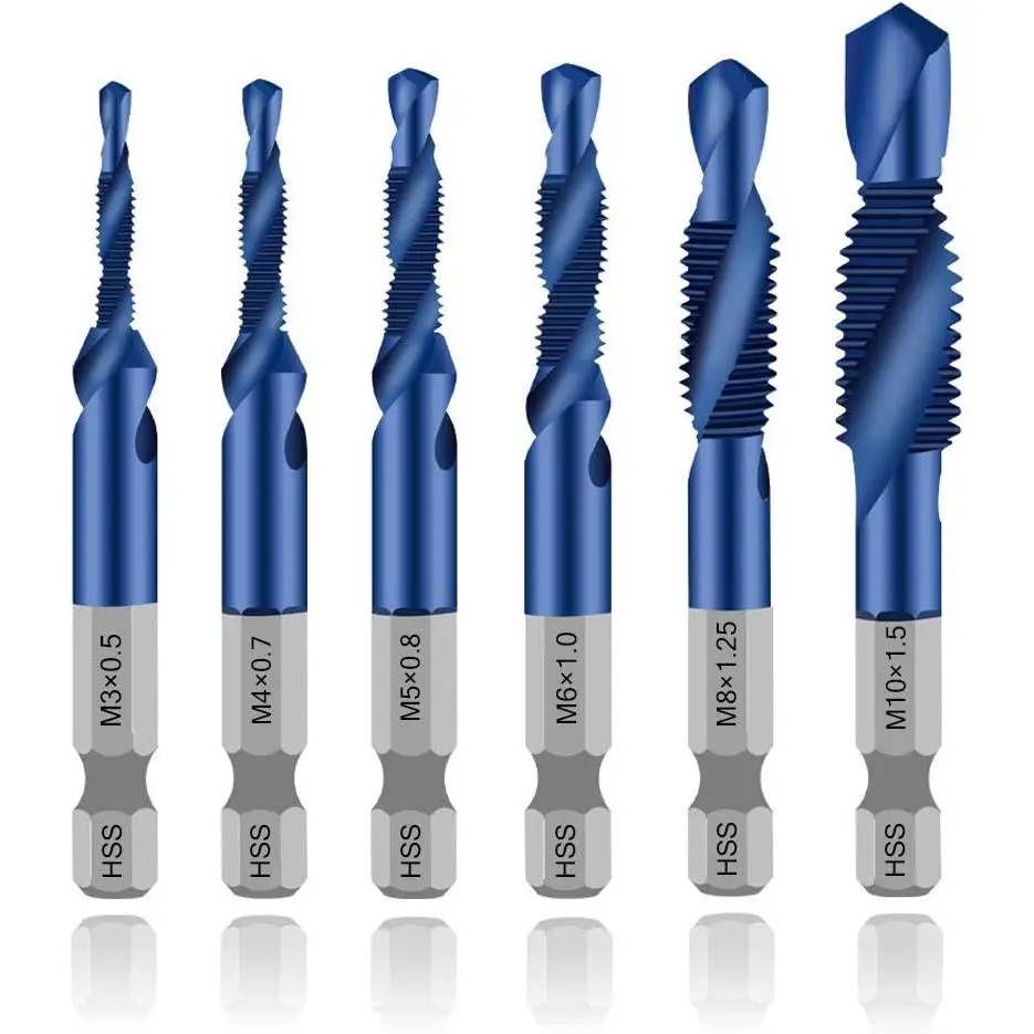 6-Pack Metric Combination Drill & Tap Bit Set, M3-M10 Sizes, Nano Blue Coating, Hex Shank, Power Tool Accessory