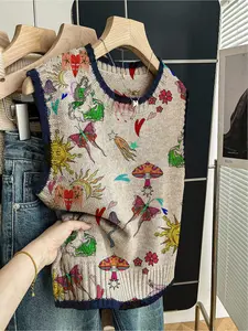 1 piece + Spring and summer back-to-school casual style loose round-neck sleeveless woolen knitted top with dark blue color contrast and multiple printed patterns. Women's outerwear for women, paired with a vest, worn alone, Casual Comfy Vest
