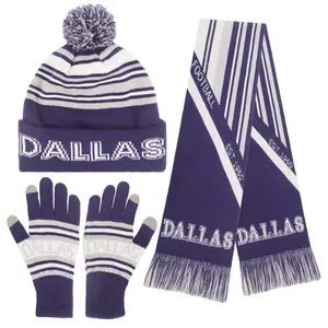 Knitted Dallas Ribbed Beanie Scarf & Gloves Set Jacquard Design Elastic Warm Winter Accessories for Football Fans Winter Fashion