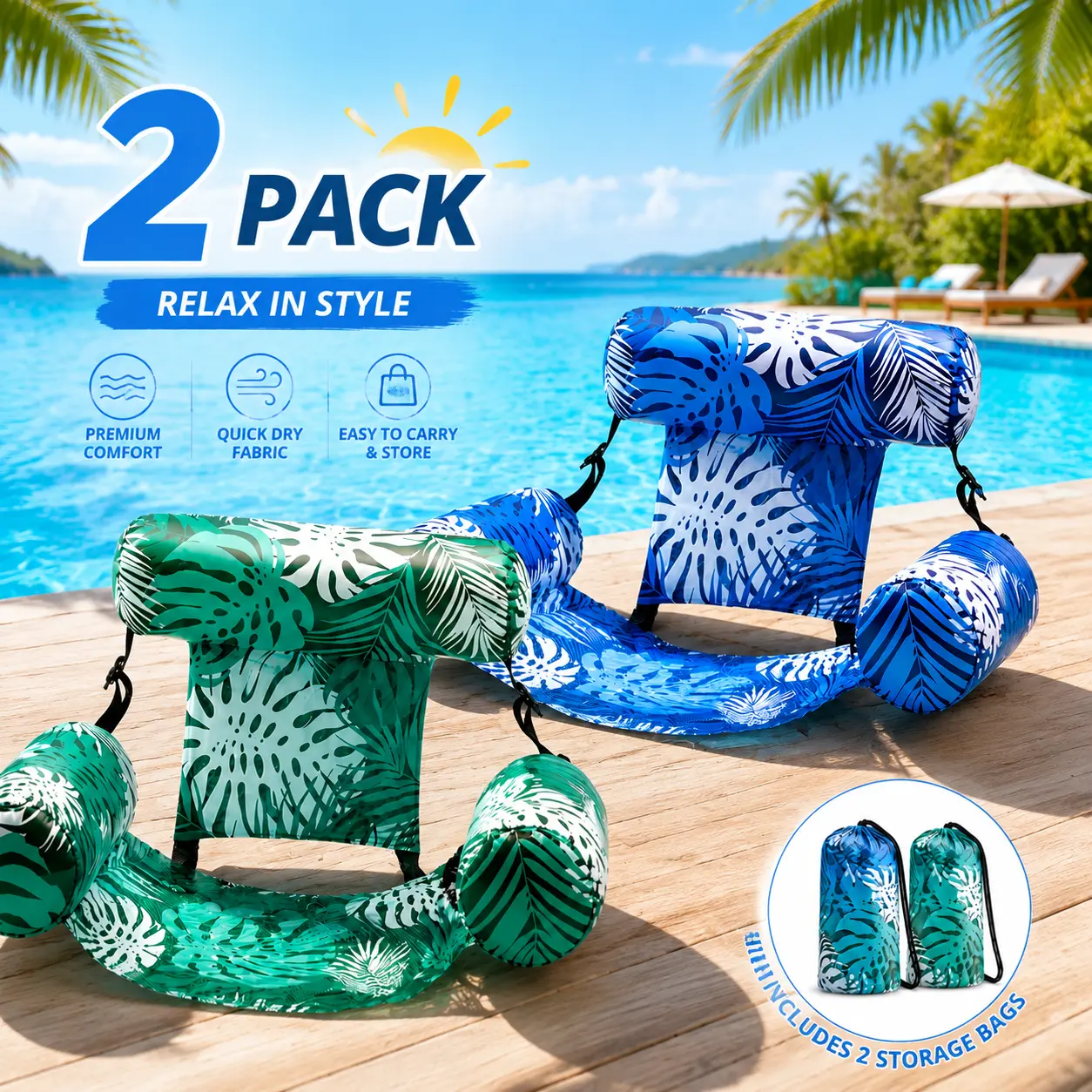 Unisex 2-Pack Inflatable Water Hammock Float for Adults - Pool Lounge Chair with Backrest, Easy-Carry Raft for Pools/Lakes, Outdoor Relaxing