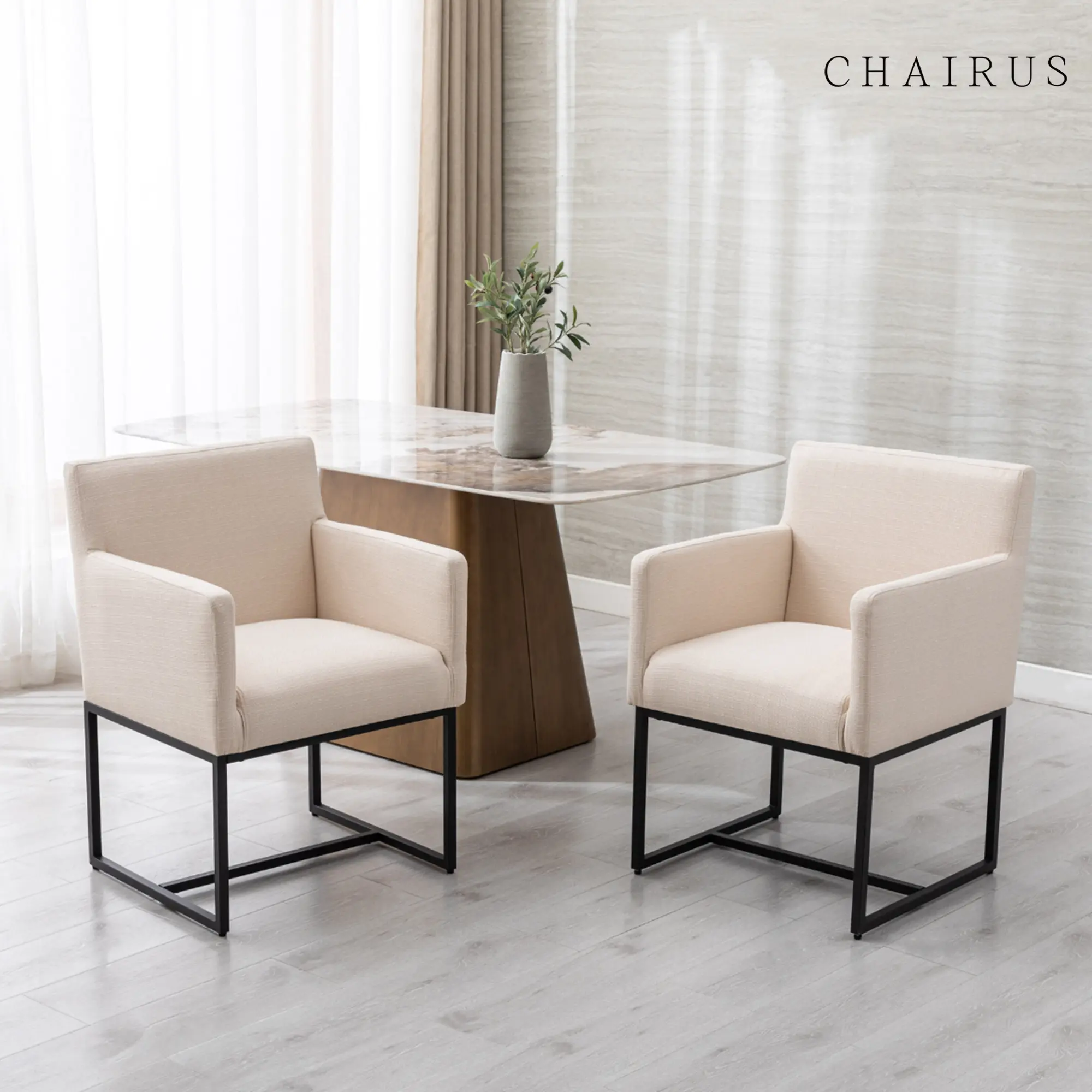 CHAIRUS Mid-Century Modern Cushioned Armrest Dining Chairs, Ergonomic Linen Fabric Armchairs with Black Metal Frame, Upholstered Indoor Furniture for Kitchen, Cream, Cushioned Dining Chairs
