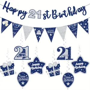 Blue Silver Color 21st Birthday Decorations for Boys Girls, Happy 21st Birthday Banner Star Hanging Swirl Party Supplies Party Decorations Banners
