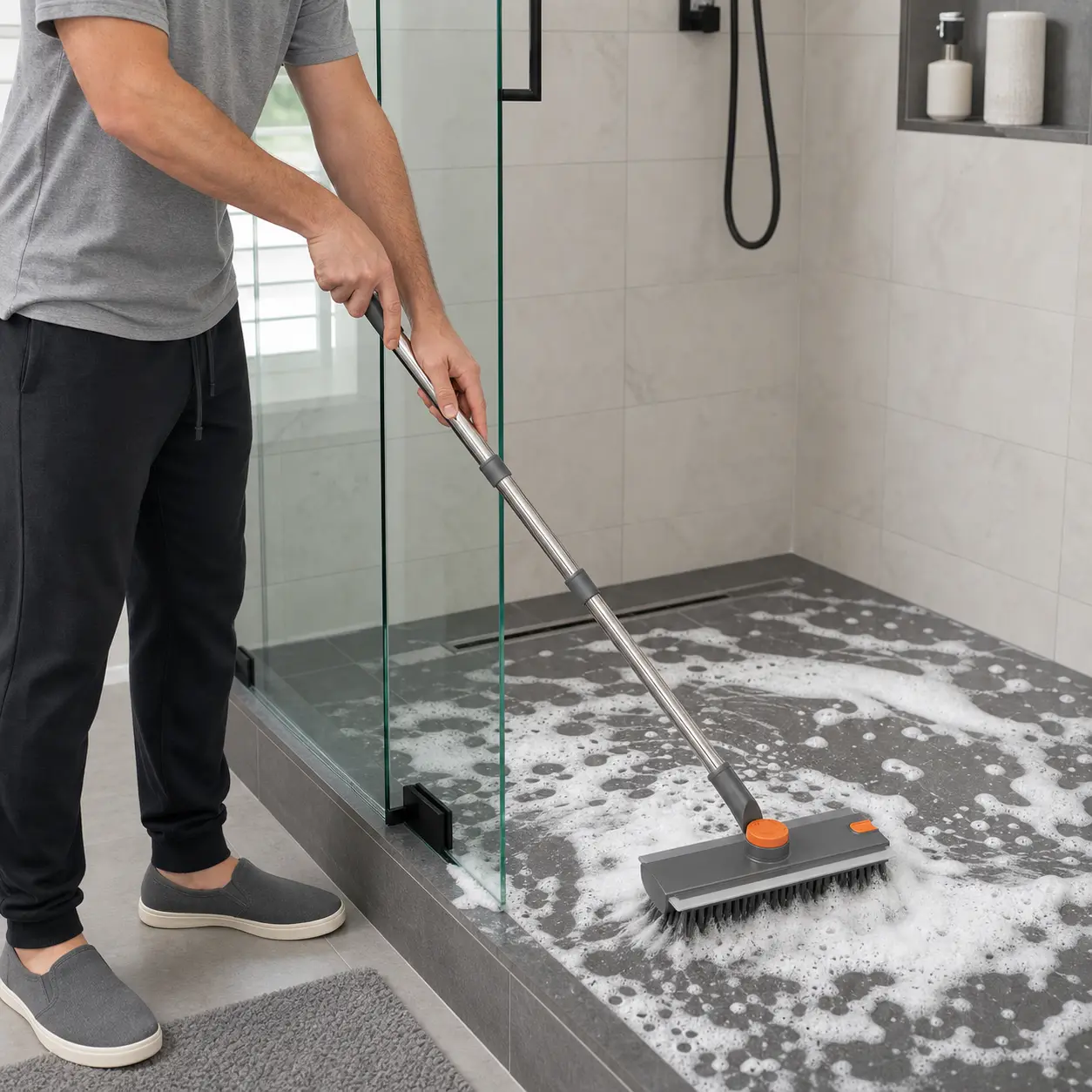 3-in-1 Heavy-Duty Floor Scrub Brush with Long Handle | Adjustable 360° Rotating Head | Stiff Bristles for Bathroom, Shower, Kitchen, Wall & Floor Cleaning | Multi-Purpose Scrubber for Garage, Patio & Deck | Perfect Gift for Home Cleaning Enthusiasts