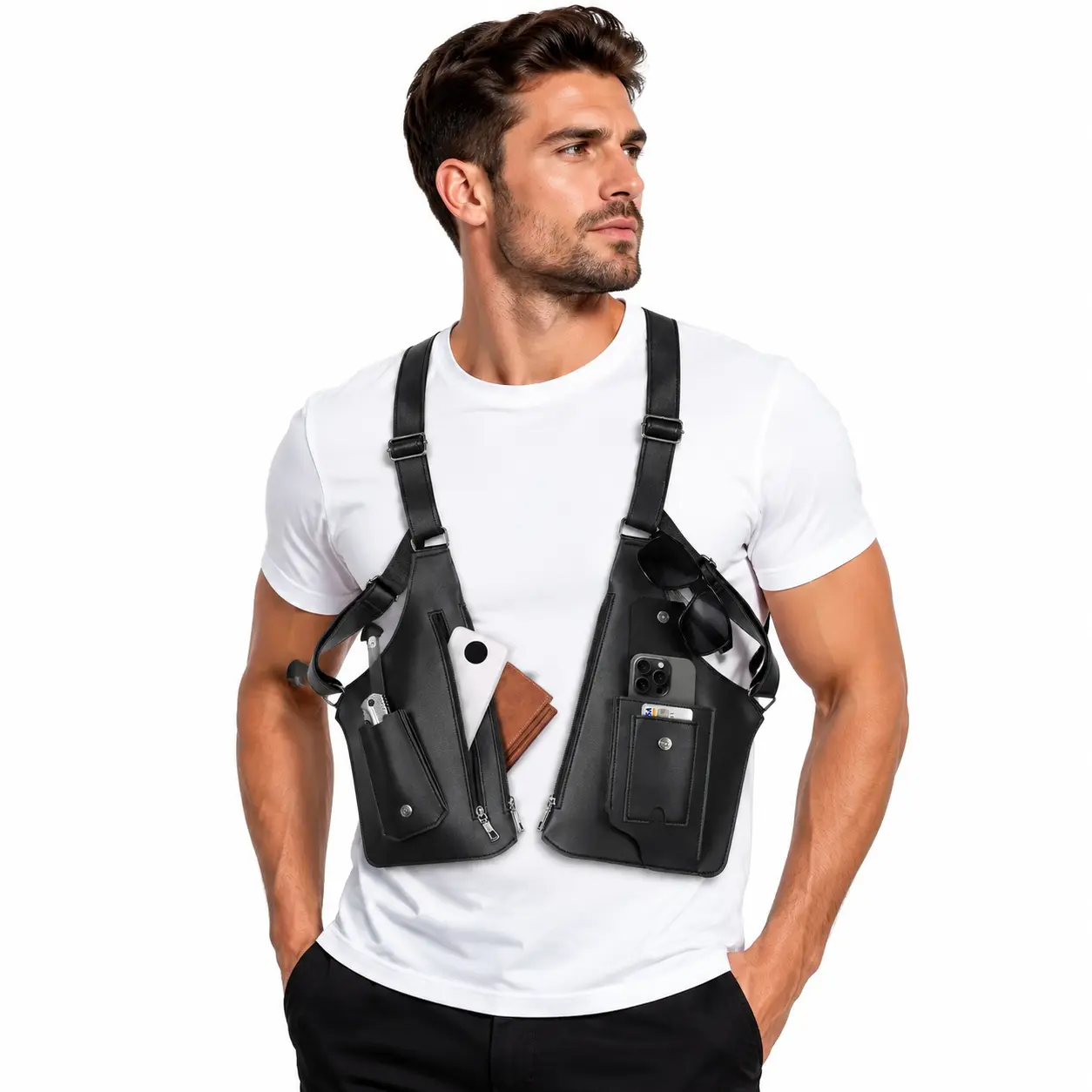 Commuter Crossbody Bag, Men’s Double‑Shoulder Armpit Holster Bag, Anti‑Theft Design with Adjustable Strap, Hidden Phone‑Wallet Pocket, Faux‑Leather Concealed Carry Pouch for Hunting, Outdoor, Travel and Daily Commute