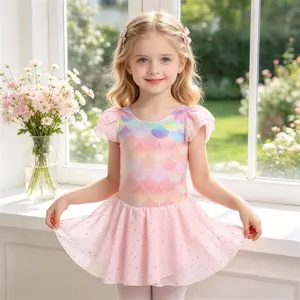 Girls Mermaid Scale Ballet Leotard Tutu Dress | Ruffle Sleeve Sparkle Dancewear for Toddler Recital & Ballet Class