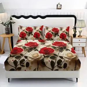 3pc Retro Red and White Rose Print Bedding Set, including 1 sheet and 2 pillowcases (without filling material), suitable for single beds, double beds, available in multiple sizes, perfect for bedrooms, dormitories, guest rooms and hotel apartments.