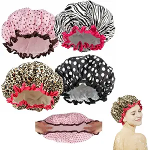 Reusable Shower Caps for Women, 4 Pack Double Layer Waterproof Hair Caps, No Elastic Marks Breathable Bath Caps, Multi-Purpose for Shower Cooking SPA Makeup