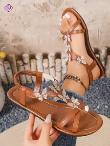 Women's Butterfly Rhinestone Flat Sandals, Fashion Cross Strap Elegant Casual Beach Shoes, Comfortable Versatile Lightweight Flats