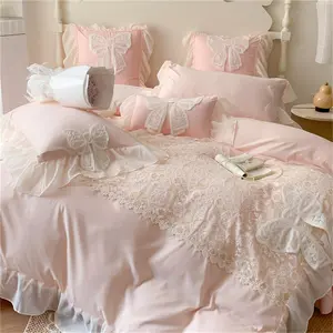 Lace Bow Bedding Set- Pink Sweet Girl Chiffon Ruffles Bedding- 3PC(1 Duvet Cover 90x90 Inch, 2 Pillowcases) Bedding for Woman Girls Bedroom