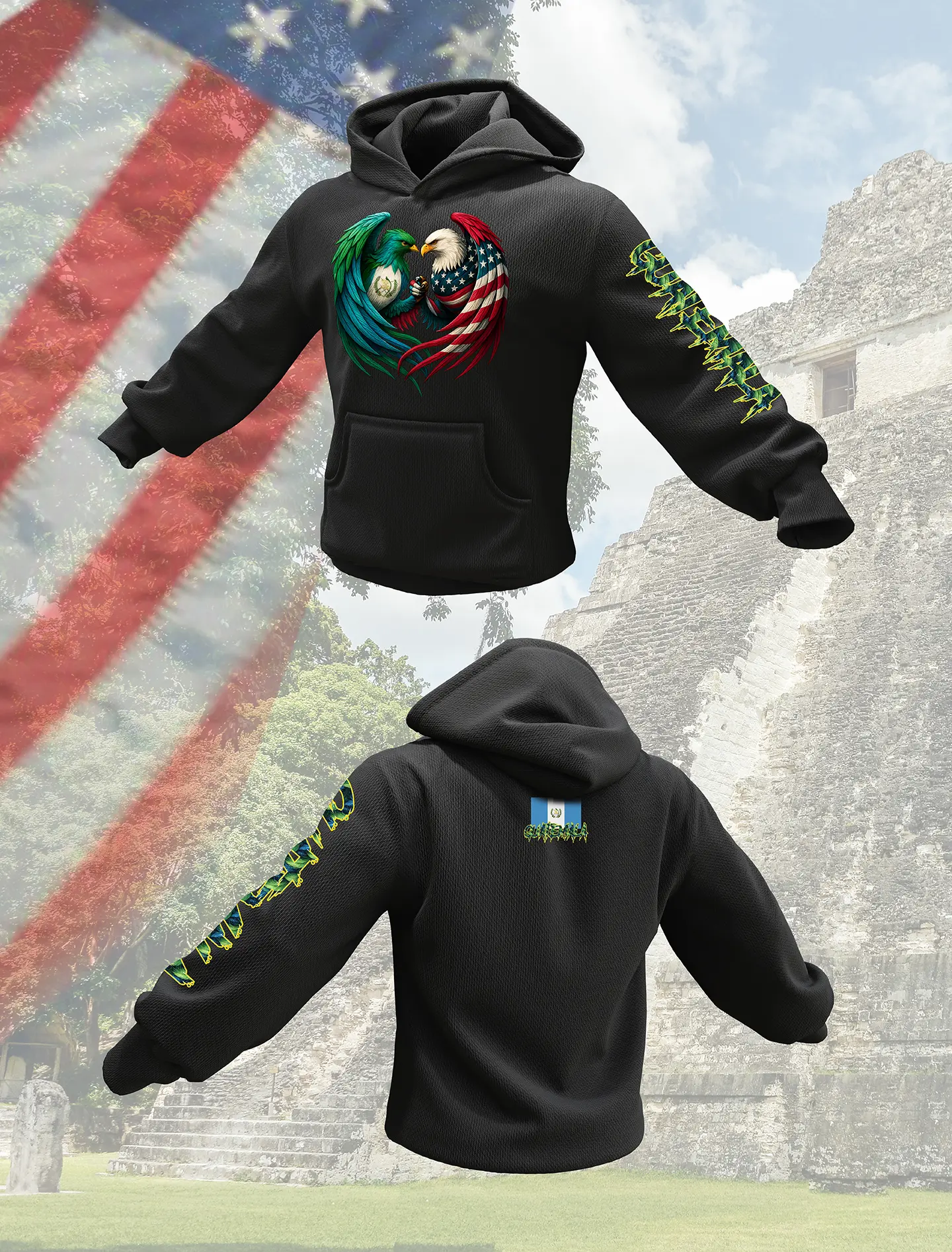 Guate y USA Hoodie - High-Quality Combined Design with Guatemalan and American Flag Motifs - Black Pullover Sweatshirt