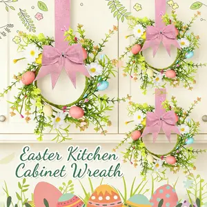 Easter Wreath Set of 4, Mini Cabinet Wreaths with Easter Eggs and Ribbon Bow, 9 Inch Spring Artificial Egg Decorations