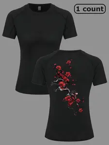 Women's Sakura Blossom Print Round Neck Sports Tee, Casual Short Sleeve T-shirt for Yoga Gym Workout Running, Ladies Sportswear for Summer