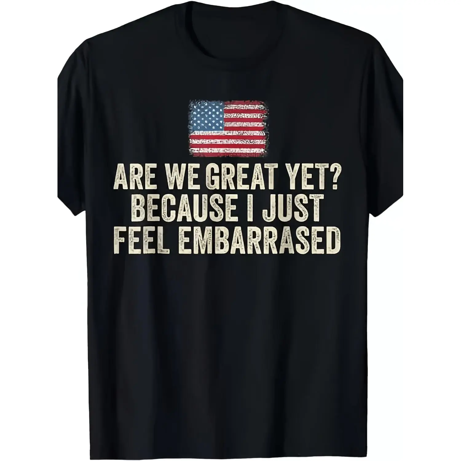 Funny Political Satire T-Shirt - "Are We Great Yet? Because I Just Feel Embarrassed" - American Flag Design with Distressed US Map Print - Unisex Adult Casual Comfort Fit Cotton Tee - Funny Democrat Statement Shirt for Men & Women