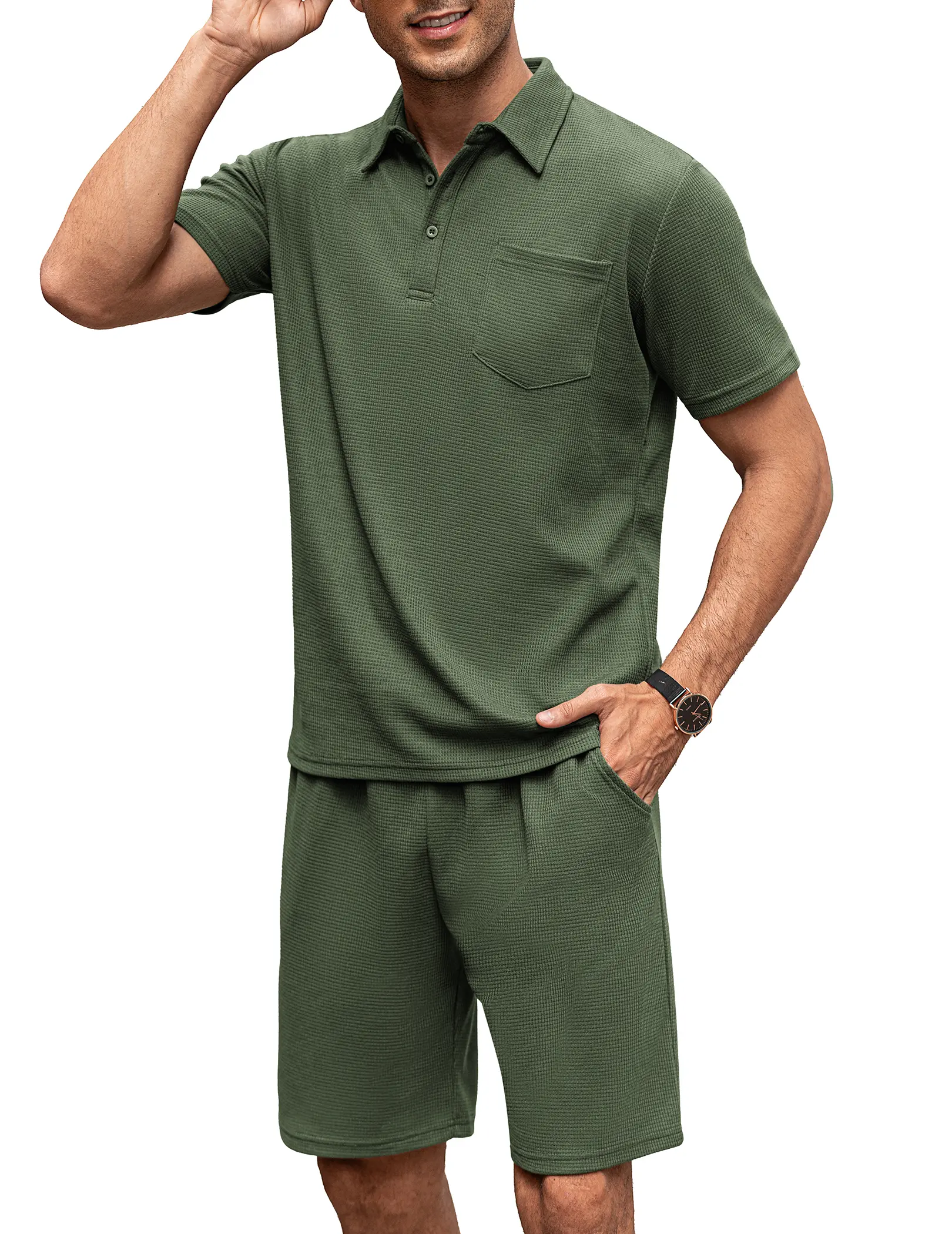 Coofandy Men's 2-Piece Resort Wear Set, Soft Waffle Knit Casual Button Down Polo Shirt and Drawstring Shorts with Pockets, Fabric, Tops, Adjustable, Elastic Waistband, Collared Neck, 2 Pieces, Outdoor, Tracksuits, Knitting, Fitted Cut, Fashion, Patch Pock