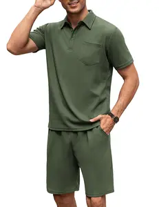 COOFANDY Men's Waffle Knit Polo Shirt and Shorts Set 2 Pieces Outfits Summer Suit Casual Tracksuit with Pockets