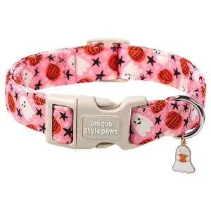 Unique Style Paws Halloween Pumpkin Dog Collar - Soft Cotton, Adjustable Buckle for Small/Medium/Large Dogs Harnesses