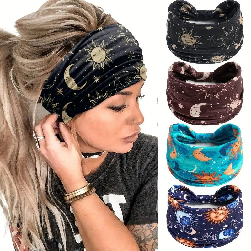 Star & Moon Print Sports Hairband, 4 Counts/set Non-slip Elastic Hair Band for Women & Girls, Sports Accessories for Gym Workout Running