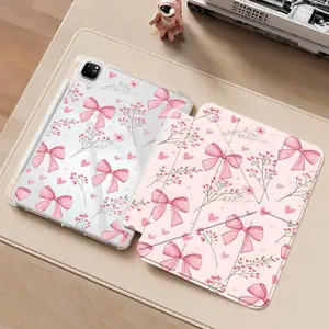 Vintage Pink Bow Floral Pattern iPad protective case, transparent acrylic Y folding stand suitable for all models of iPad including 7.9/8.3/10.2/10.5/10.9/11/12.9 13  inch,featuring all-round protection functions against scratches and impacts, great gift.
