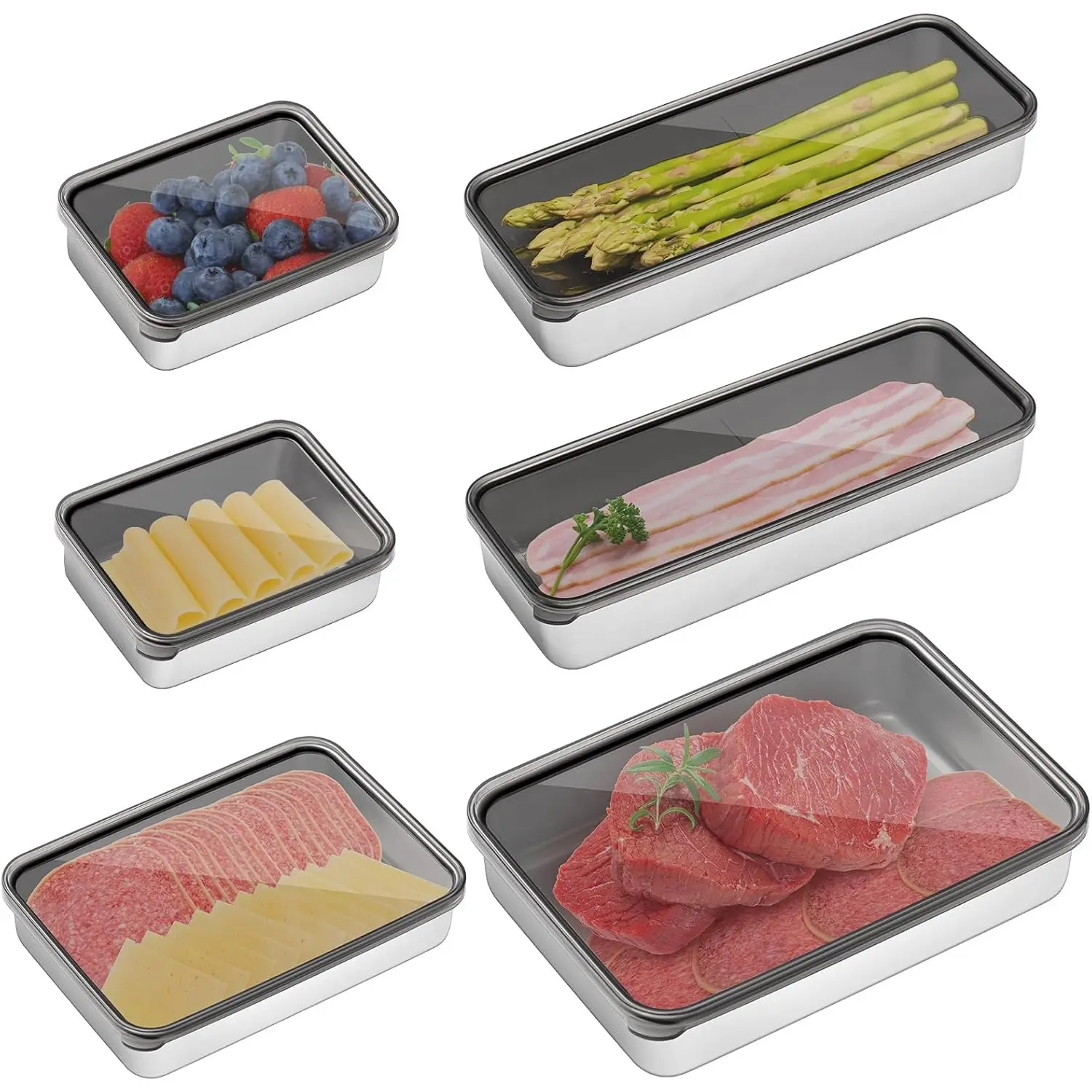 6-Pcs 304 Stainless Steel Airtight Food Storage Containers (4 Sizes, 10.6x7.9x1.81in) with Raised Stripes Lids - Home Improvement Kitchen Fridge Organizers, Freezer & Dishwasher Safe, Gift for Culinary Enthusiasts, Colleagues