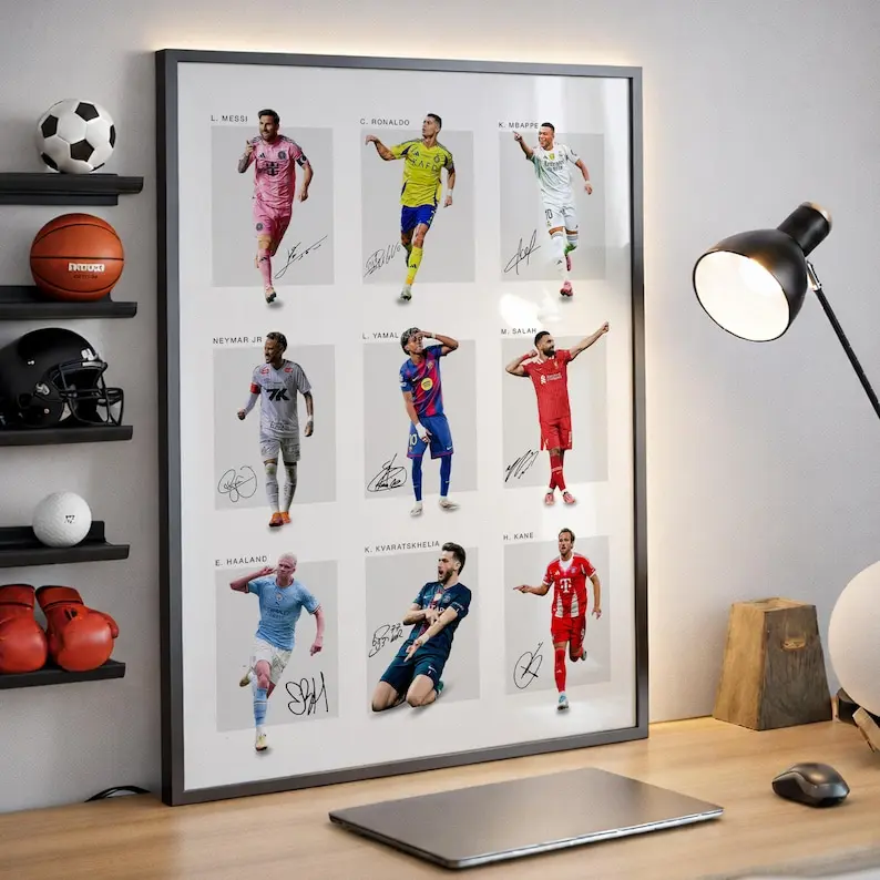 Soccer Legends Poster, Ronaldo, Messi, Neymar Jr, Mbappe, Lamine Yamal, Haaland, Salah, Kane, Kvaratskhelia, Football Fan Gift