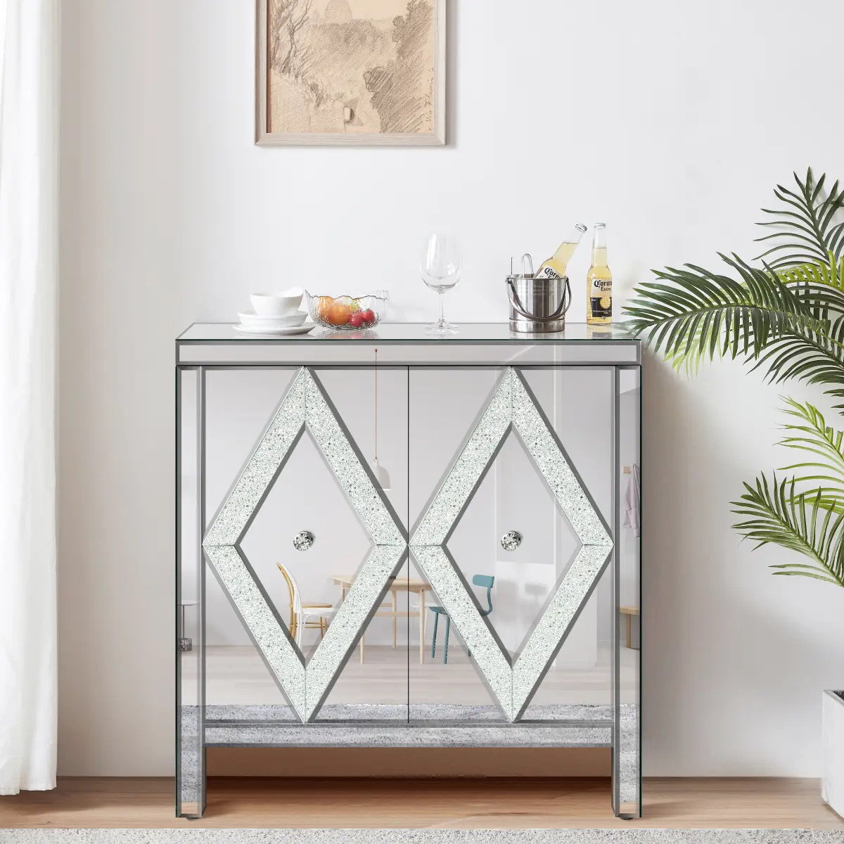Self-Assembling Spliced Combination Cabinet - Diamond Crystal Doors, Silver Mirror Trim, Crystal Handles, Gem-Effect Accents - 31.50 x 15.94 x 32.50 inches, 66.66 lbs - for Living Room, Entryway, Kitchen