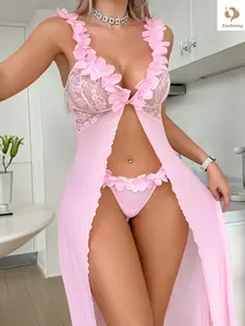 【EasDoing 】2 Pieces Set Pink 3D Petal Lace Sheer Open Front Maxi Dress Set Sexy Pure Desire Nightgown French Luxury Lingerie Hot Girl Date Outfit Photogenic Slim Fit Summer Thin Comfortable Womenswear Bodysuits