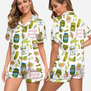 Pickle Print Satin Pajama Set for Women, Funny Food Sleepwear, Cute Pickle Lover Lounge Outfit, Perfect Gift Idea, All-over Print Kid and Youth Satin Short-Sleeve Pajamas Set