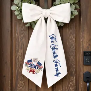 Personalized Embroidered Door Wreath Sash – Custom Family Name Patriotic Bow Decor, America 250 Gift