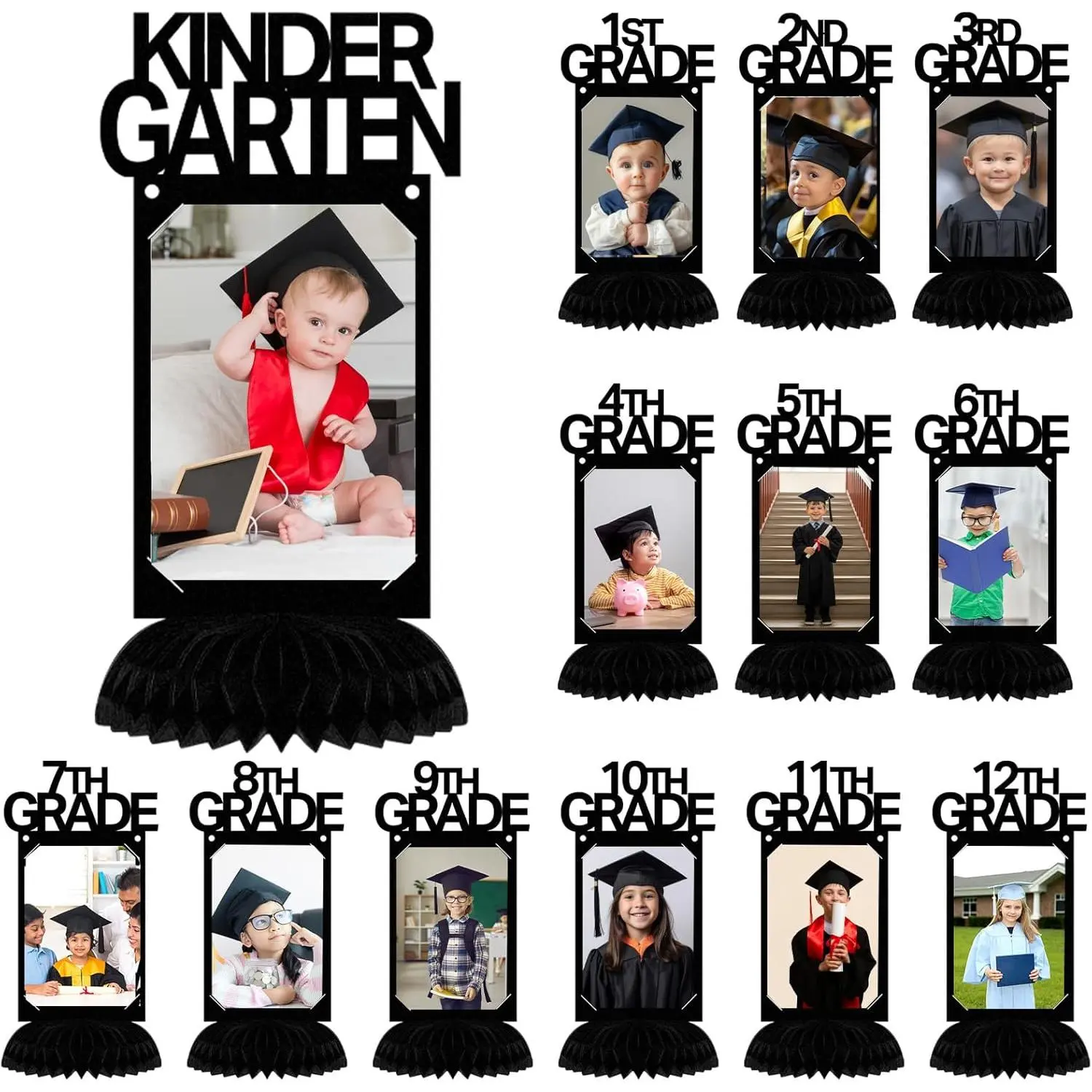 13 Pcs K-12 Graduation Honeycomb Centerpieces Black Kindergarten to 12th Grade Graduation Picture Photo Frame Table Decor Class of 2026 Table Topper for High School Grad Party Decoration
