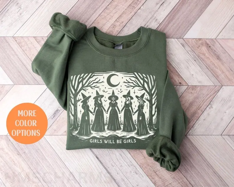 Vintage Girls Will Be Girls Witch Sweatshirt, Funny Witch Vintage Crewneck, Witchy Vibes Women Sweater, Halloween Witch Gift, Witchy Halloween Sweatshirt