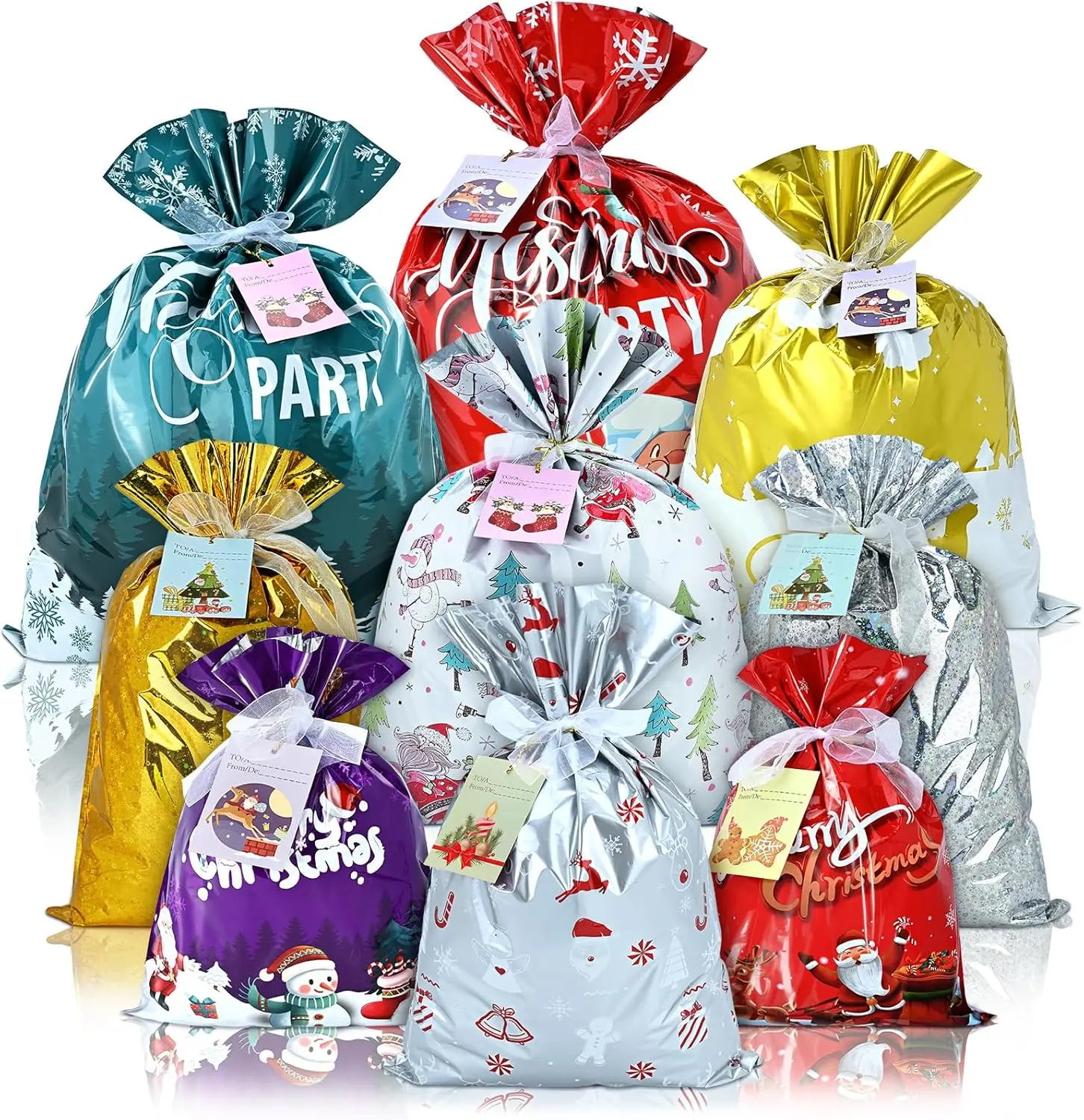 20PCS Christmas Gift Bags, Assorted Sizes Christmas Bags for Gifts, 9 Style Holiday Reusable Santa Gift Bags for Gift Wrapping Decorations Party Favors