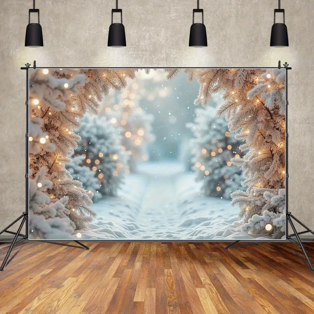 Frozen Winter Wonderland Christmas Polyester Photo Backdrop - Snowy Pine Trees with Warm Lights, Wall Hanging Backdrop for Family Portraits, Holiday Decor, Photo Backdrops