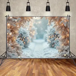 Summervibes Frozen Winter Wonderland Christmas Polyester Backdrop - Snowy Pine Trees with Warm Lights, Wall Hanging for Family Portraits, Holiday Decor, Festive Party Supplies Banner, Photo Backdrops