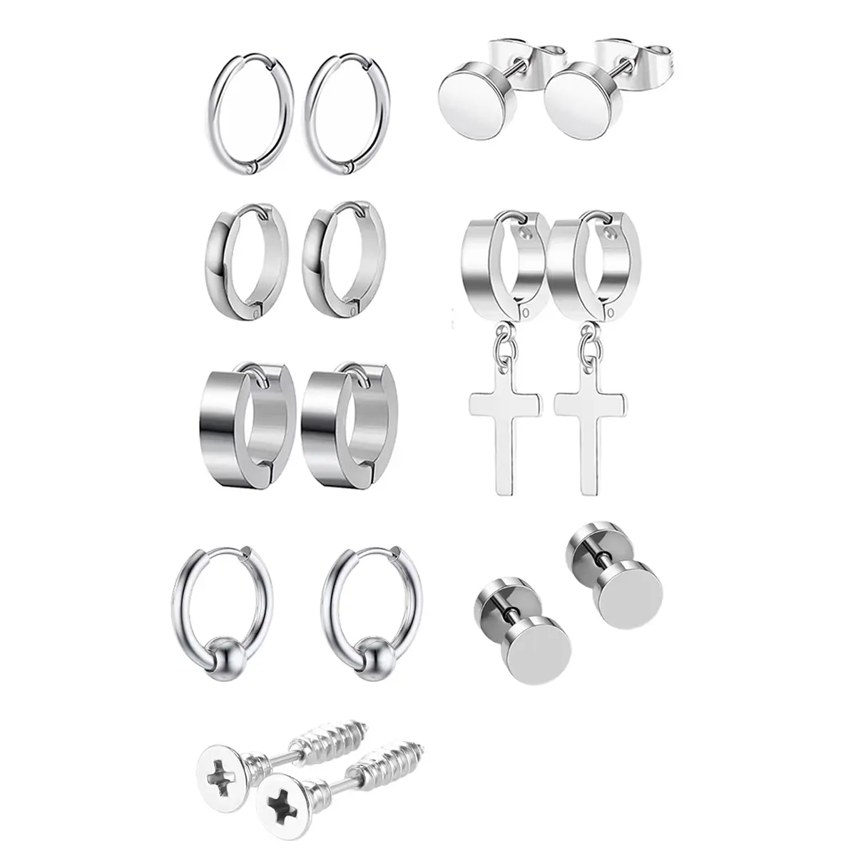 8 pairs of men's earrings set, black stainless steel cross hoop earrings, fashionable hinged hoop earrings for men and women