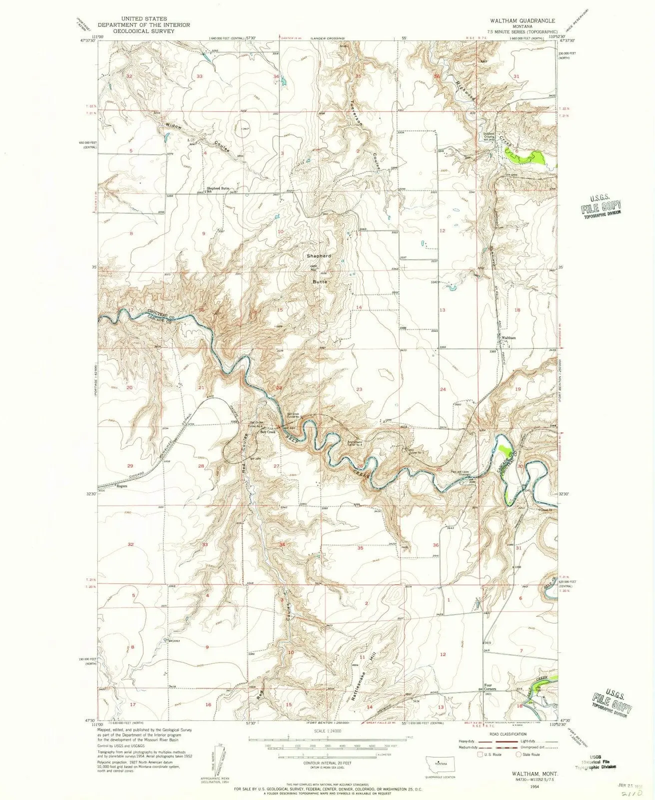 Waltham Montana USGS Topographic Quadrangle Map, 1954, 1:24000