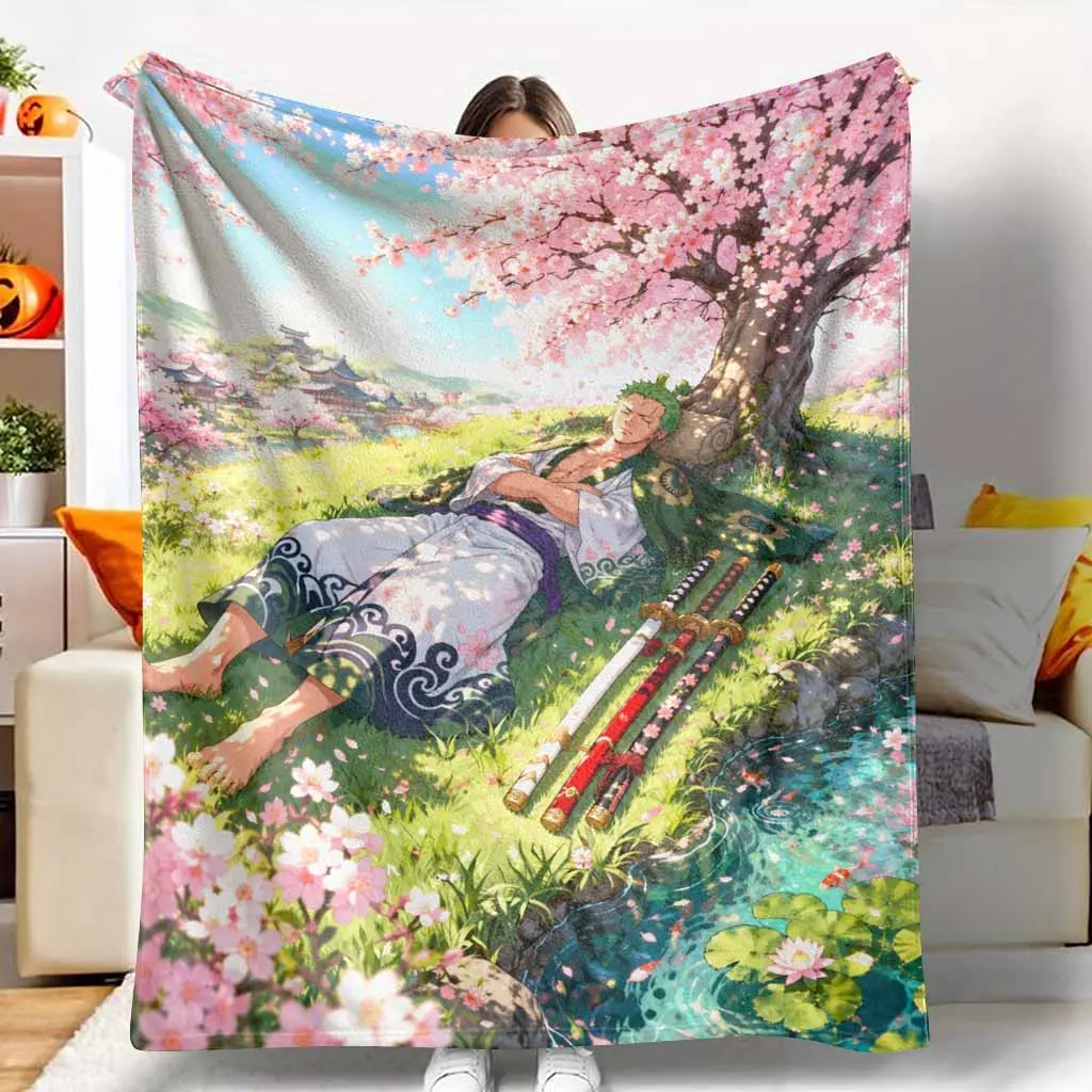 Samurai Cherry Blossom Flannel Blanket Japanese Sakura Warrior Anime Style Print Soft Cozy Lightweight Durable Throw for Sofa Bedroom Travel Picnic Spring Festival Gift